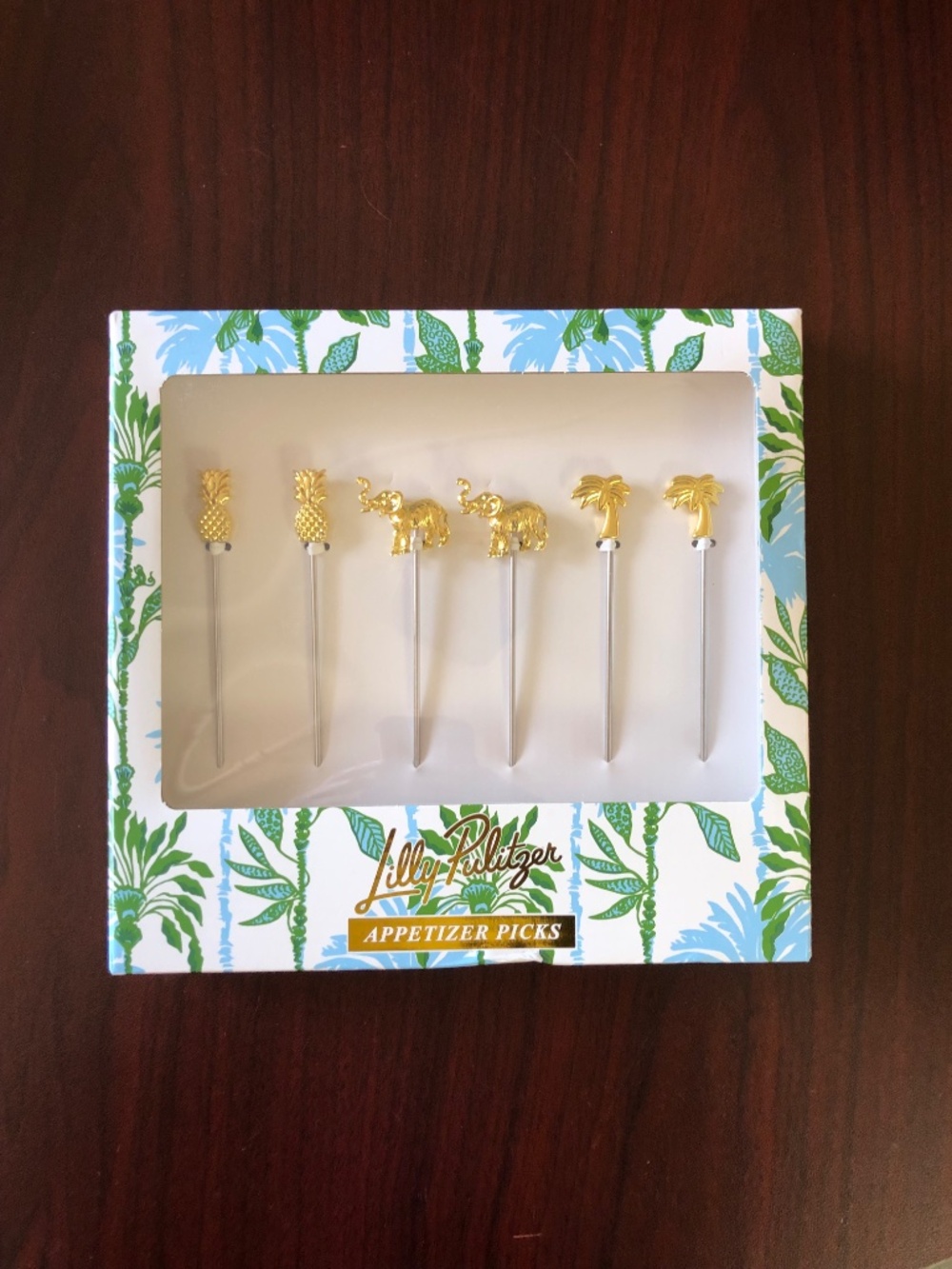 Lilly Pulitzer set of 6 appetizer picks gold pineapples elephants palm trees